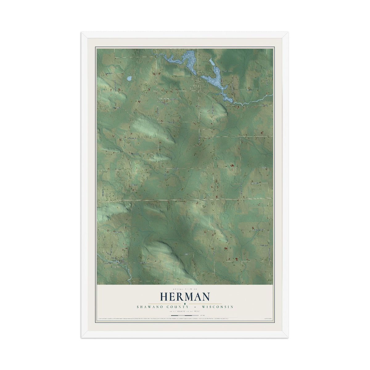 Map of Herman, Shawano County, Wisconsin, 12 x 18 inch print in a white wood frame