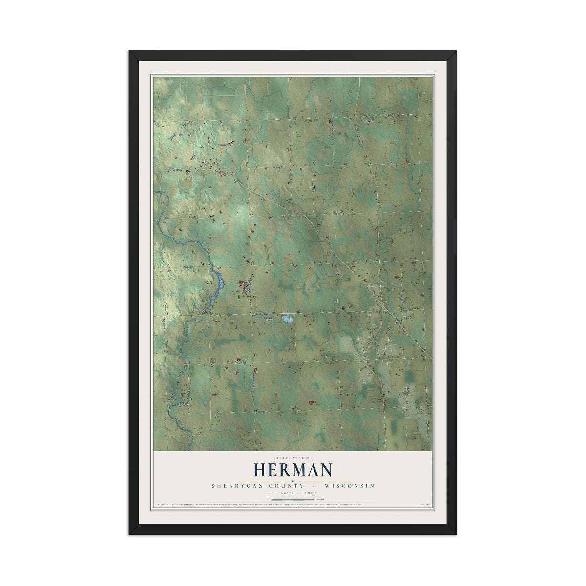 Map of Herman, Sheboygan County, Wisconsin, 12 x 18 inch print in a black wood frame