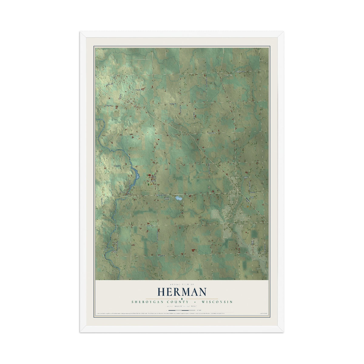 Map of Herman, Sheboygan County, Wisconsin, 12 x 18 inch print in a white wood frame