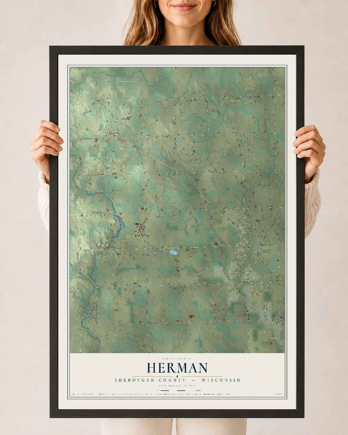 Map of Herman, Sheboygan County, Wisconsin, 24 x 36 inch print in a black wood frame