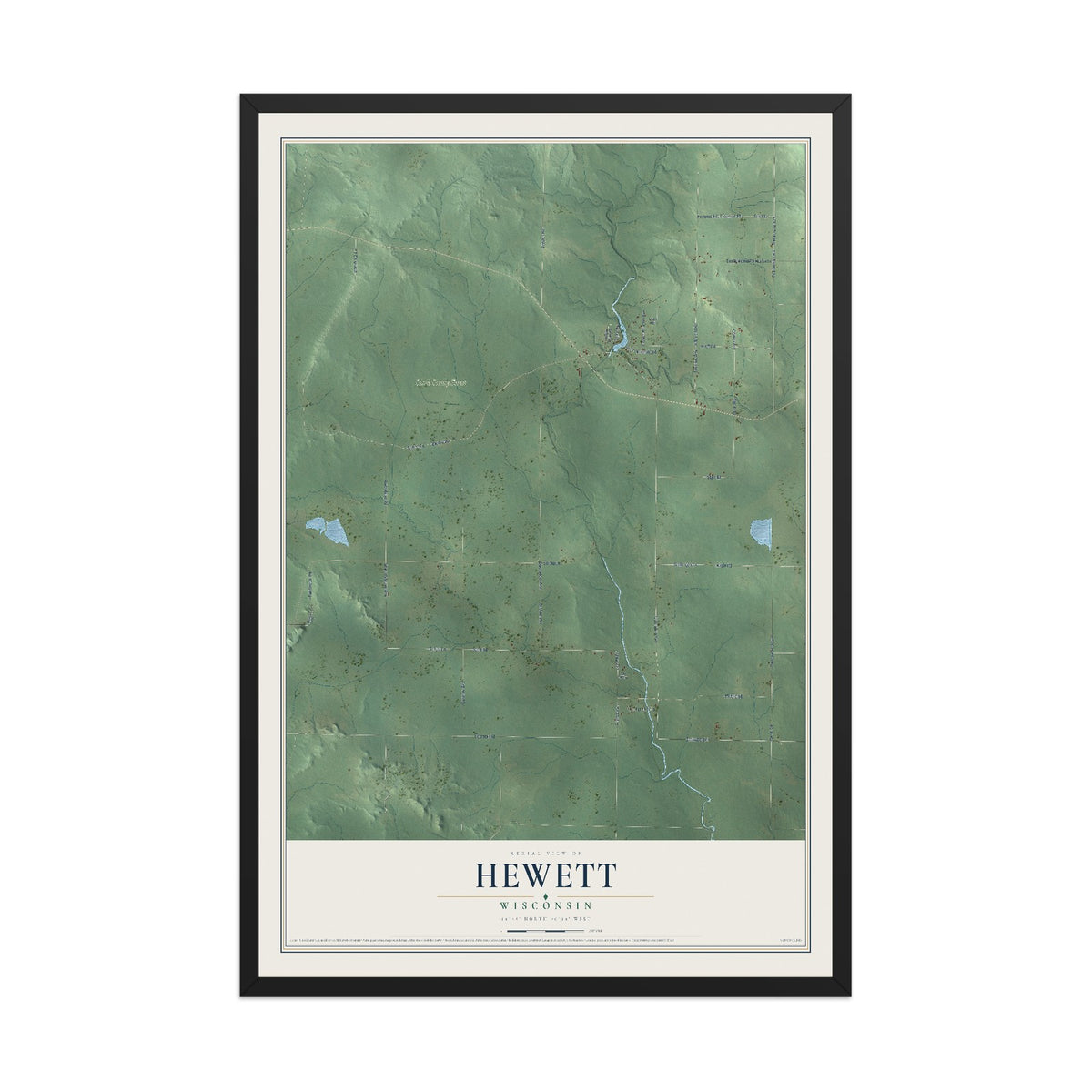 Map of Hewett, Wisconsin, 12 x 18 inch print in a black wood frame