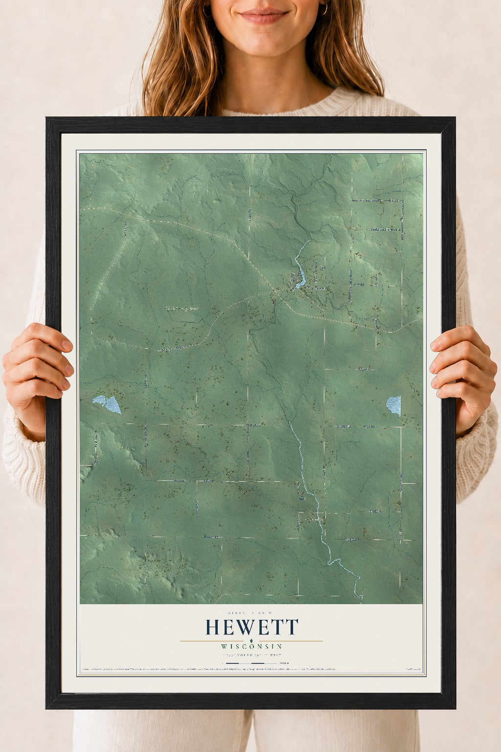 Map of Hewett, Wisconsin, 18 x 24 inch print in a black wood frame