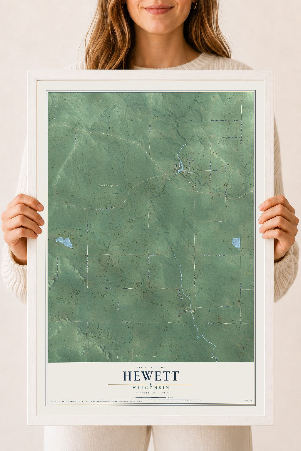Map of Hewett, Wisconsin, 18 x 24 inch print in a white wood frame
