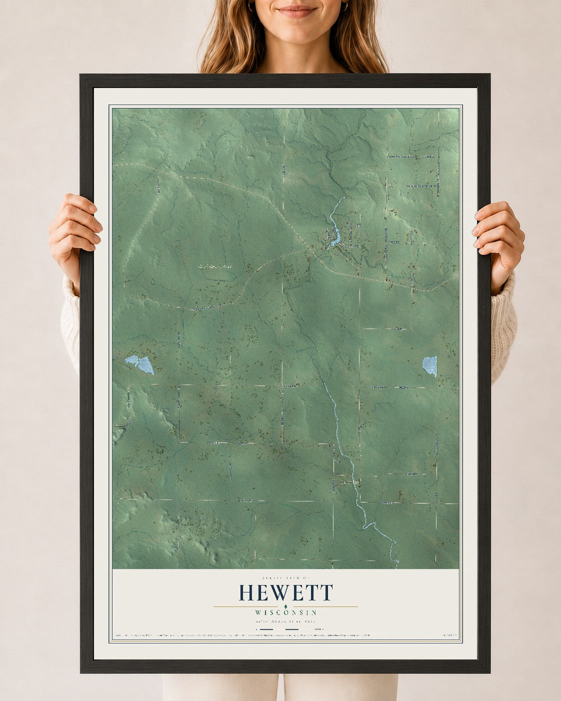 Map of Hewett, Wisconsin, 24 x 36 inch print in a black wood frame
