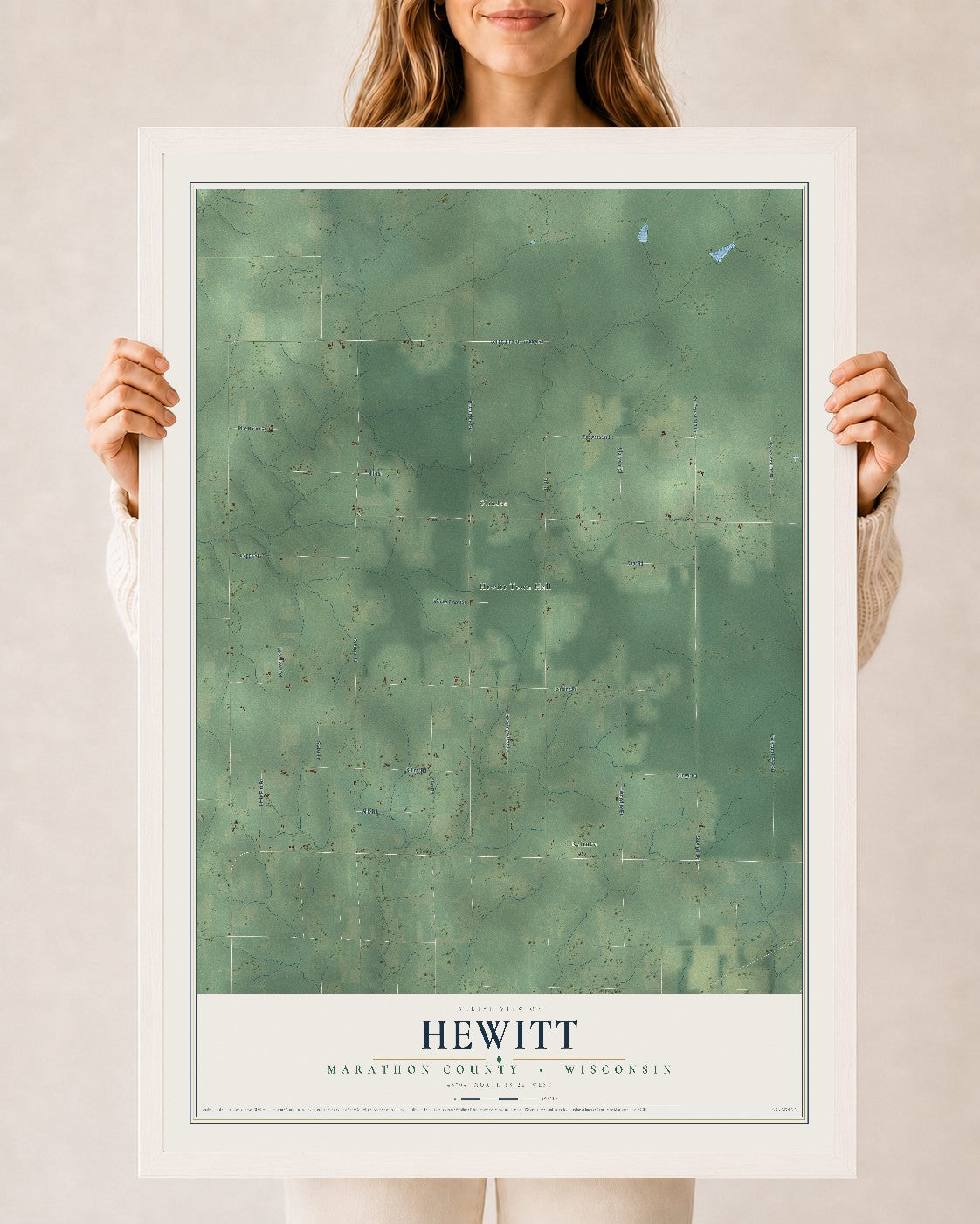 Map of Hewitt, Marathon County, Wisconsin, 24 x 36 inch print in a white wood frame