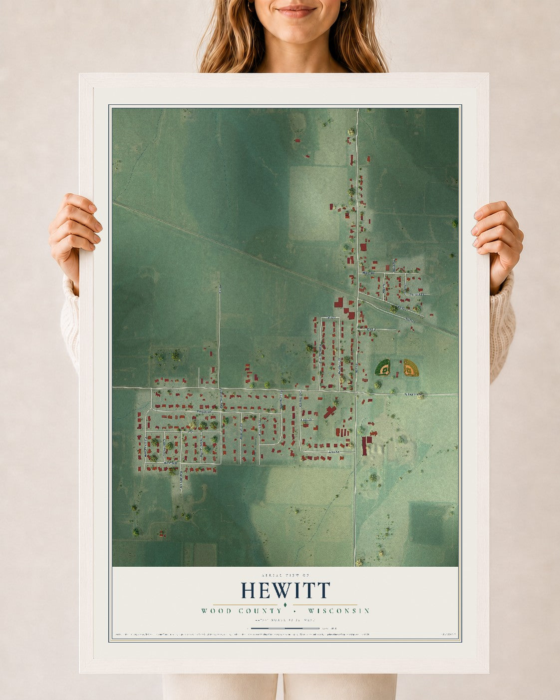 Map of Hewitt, Wood County, Wisconsin, 24 x 36 inch print in a white wood frame
