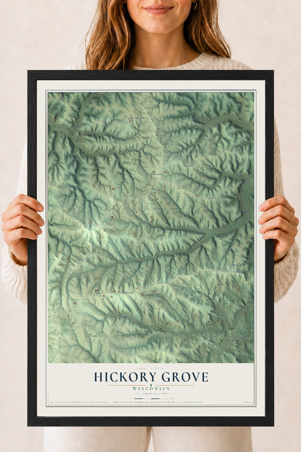 Map of Hickory Grove, Wisconsin, 18 x 24 inch print in a black wood frame