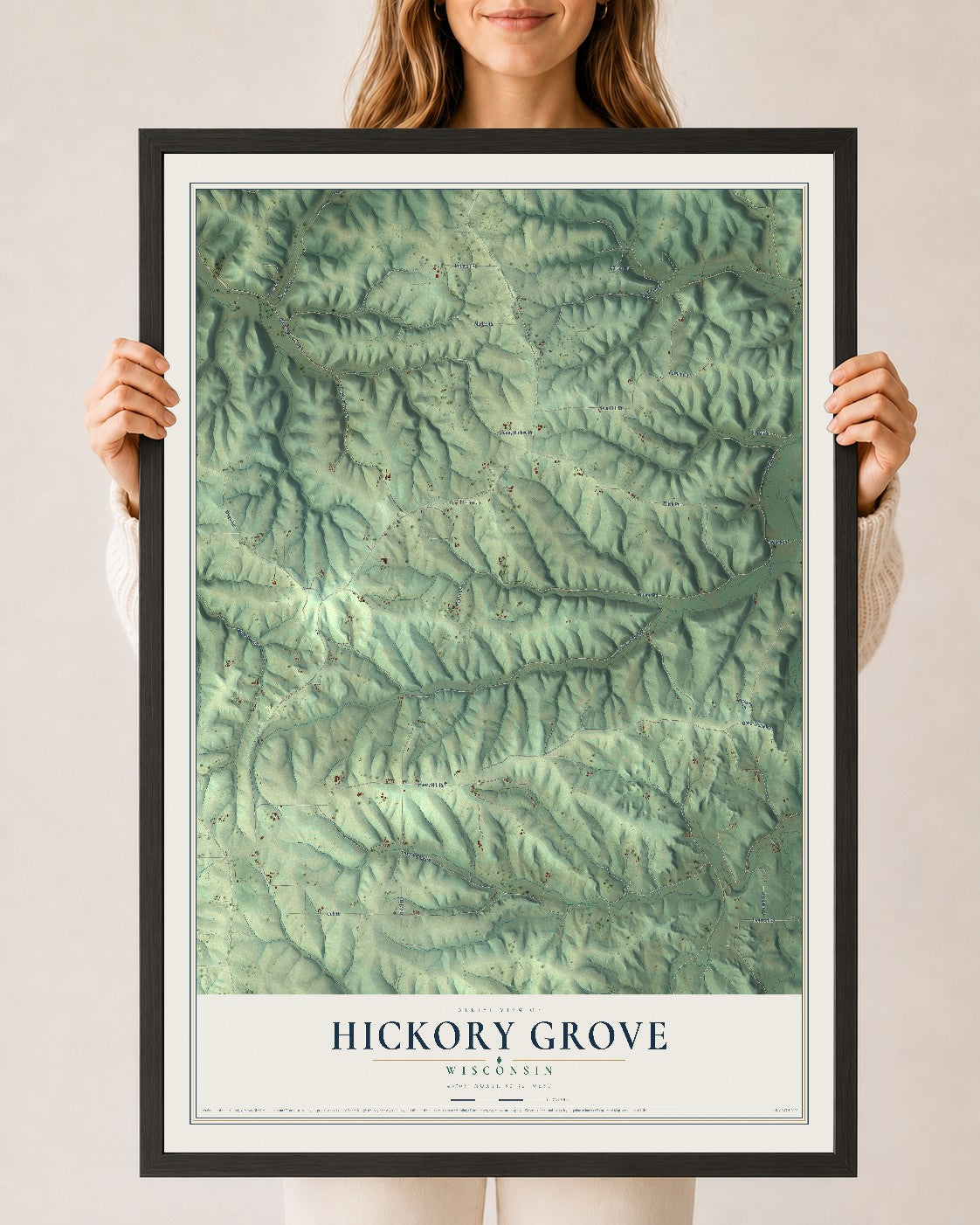 Map of Hickory Grove, Wisconsin, 24 x 36 inch print in a black wood frame