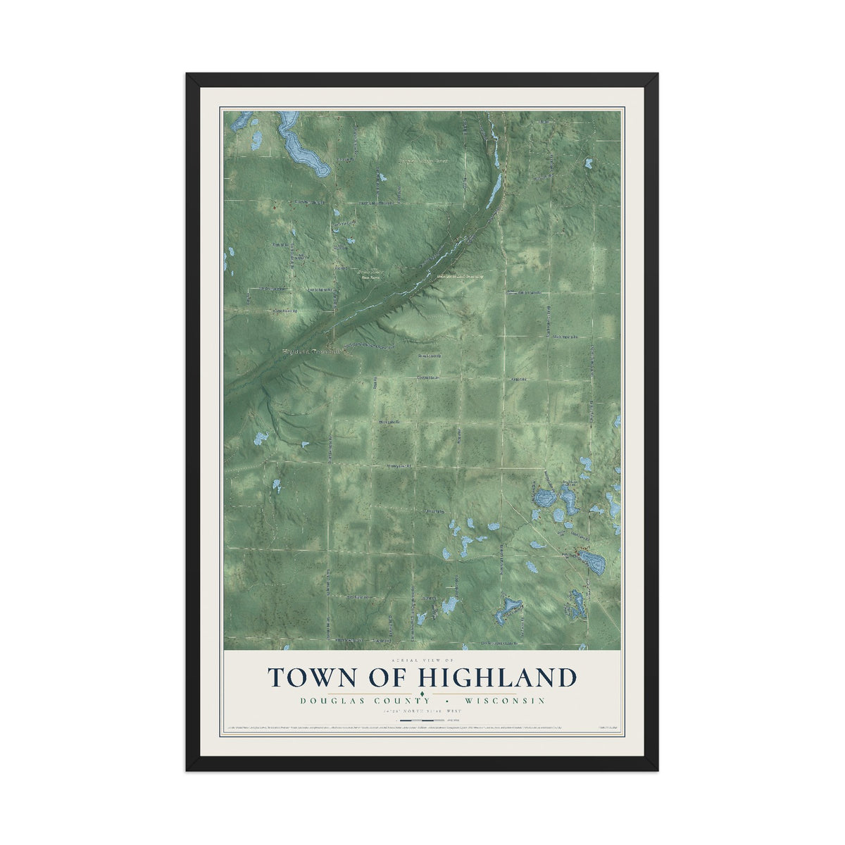 Map of the Town of Highland, Douglas County, Wisconsin, 12 x 18 inch print in a black wood frame