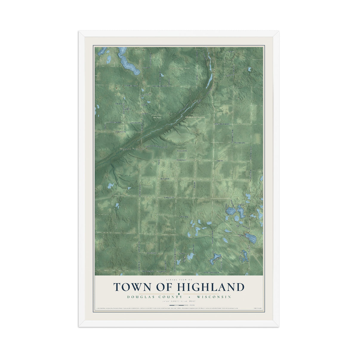 Map of the Town of Highland, Douglas County, Wisconsin, 12 x 18 inch print in a white wood frame