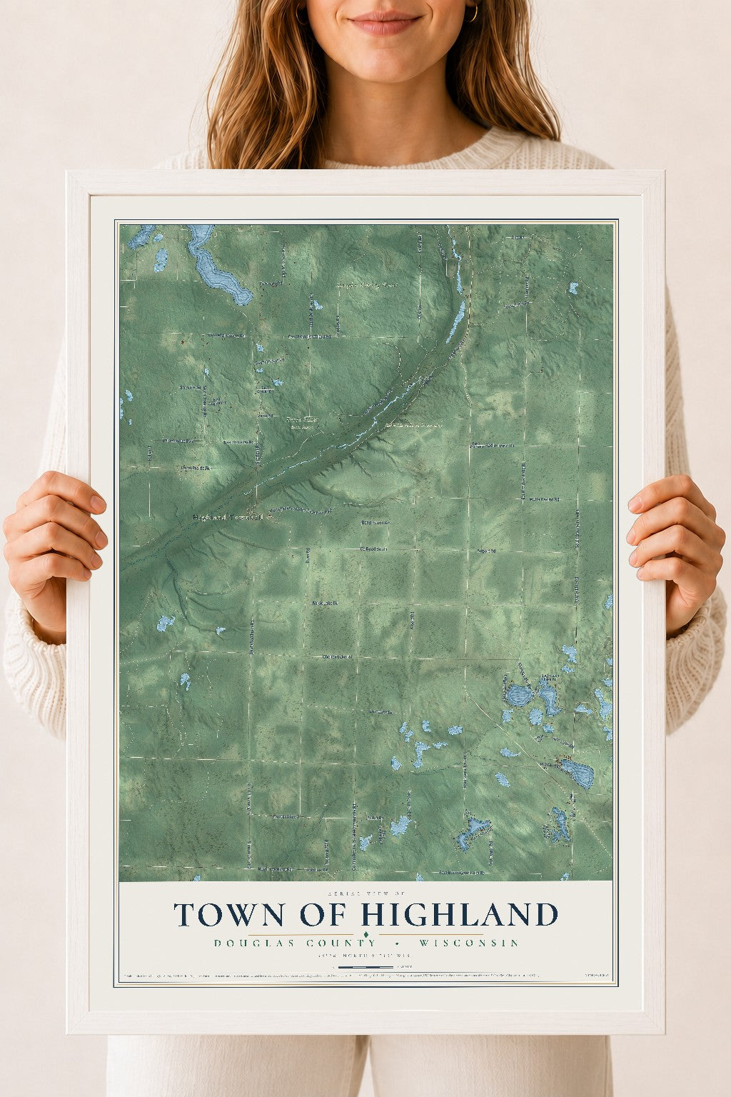 Map of the Town of Highland, Douglas County, Wisconsin, 18 x 24 inch print in a white wood frame