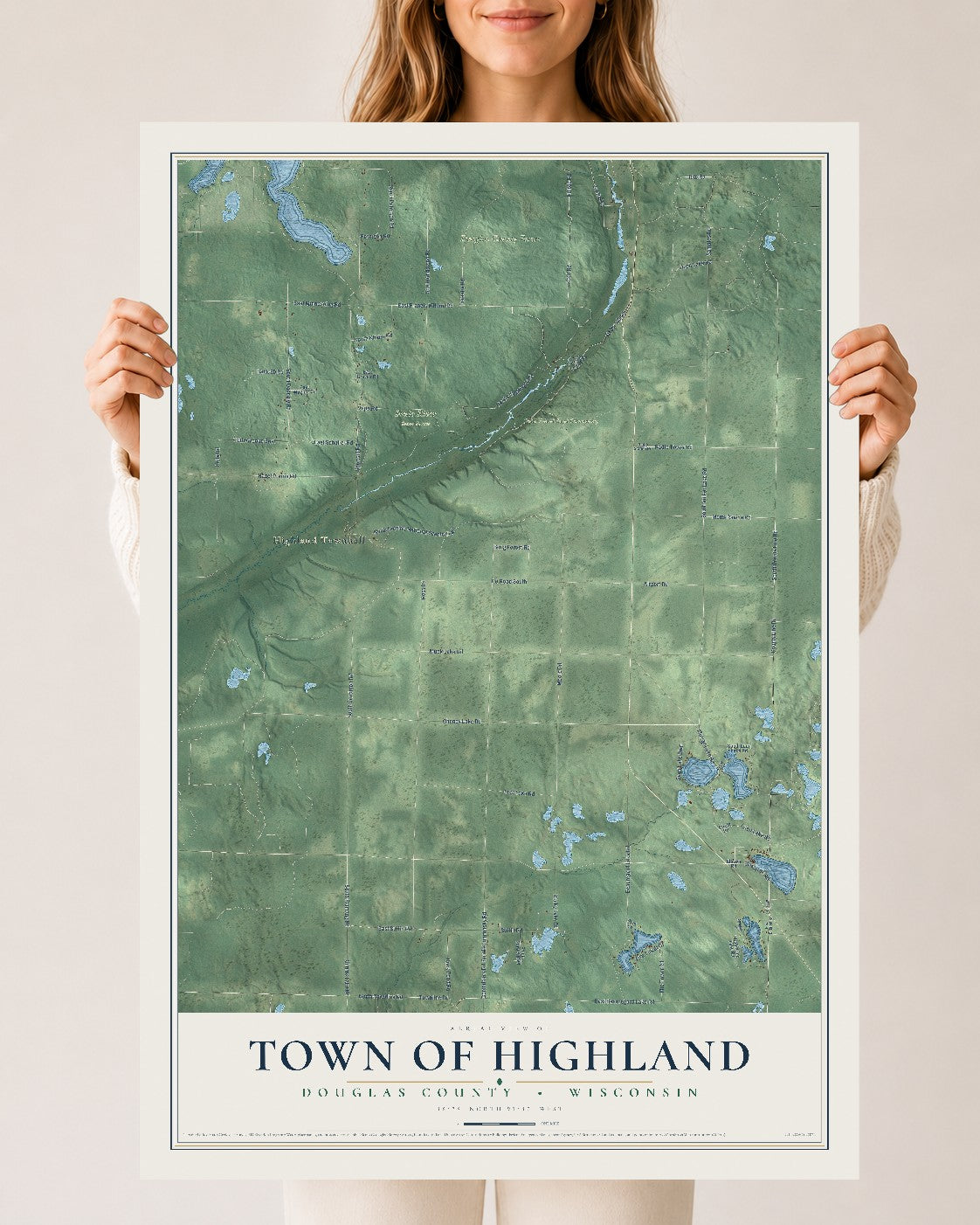 Map of the Town of Highland, Douglas County, Wisconsin, 24 x 36 inch unframed archival matte print