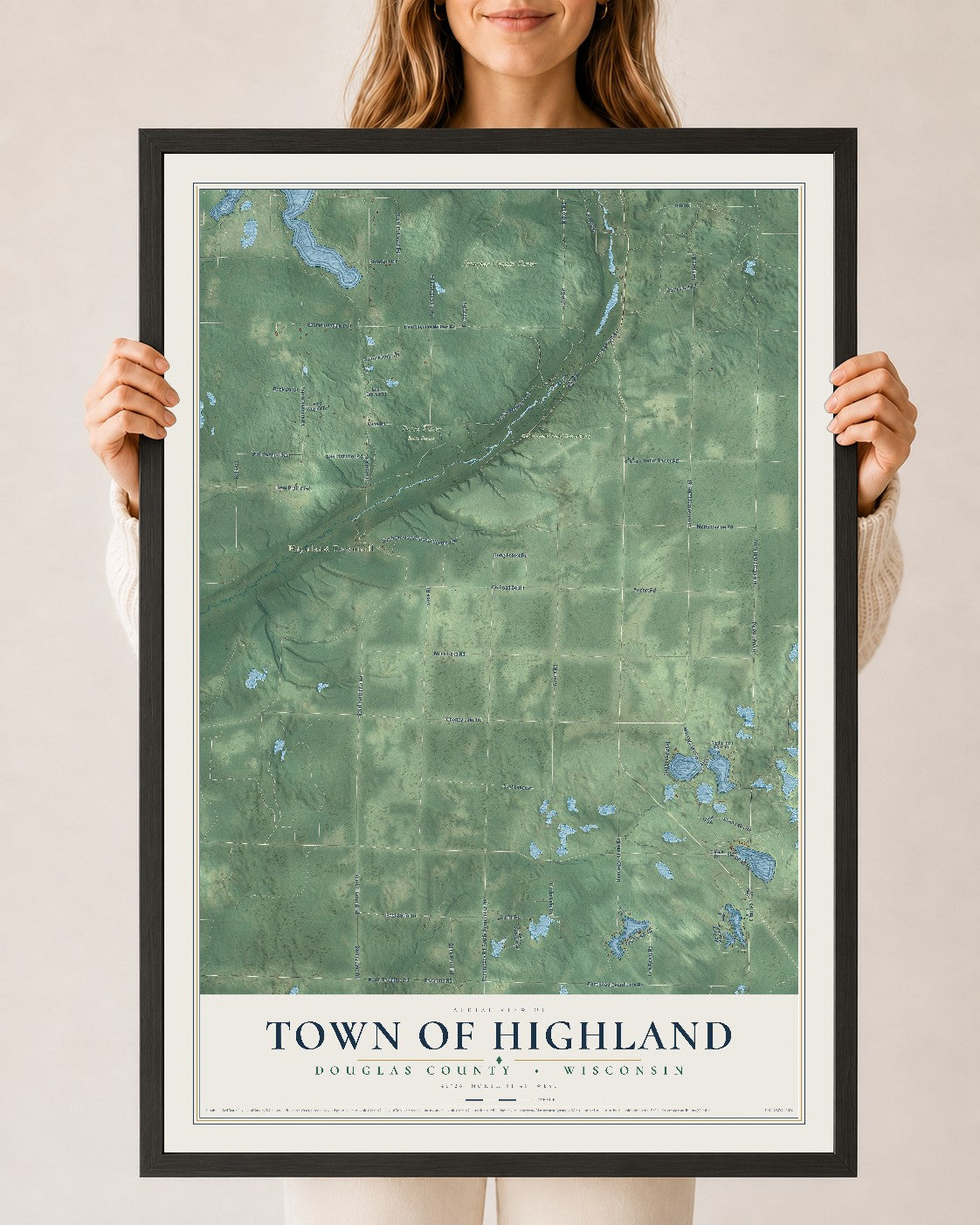 Map of the Town of Highland, Douglas County, Wisconsin, 24 x 36 inch print in a black wood frame
