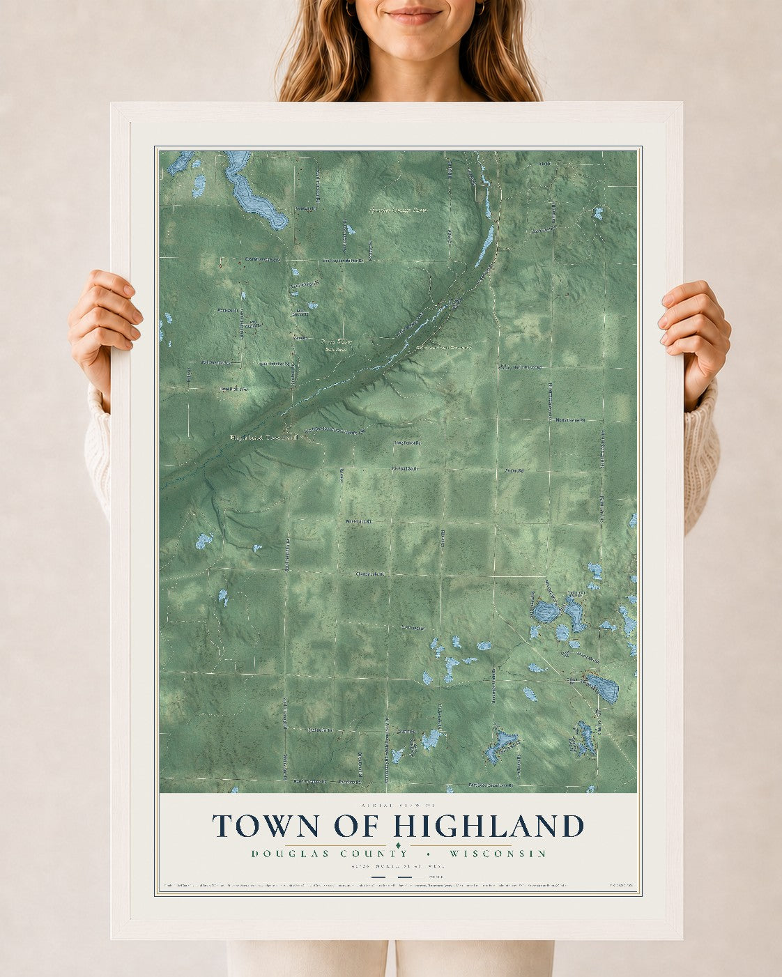 Map of the Town of Highland, Douglas County, Wisconsin, 24 x 36 inch print in a white wood frame