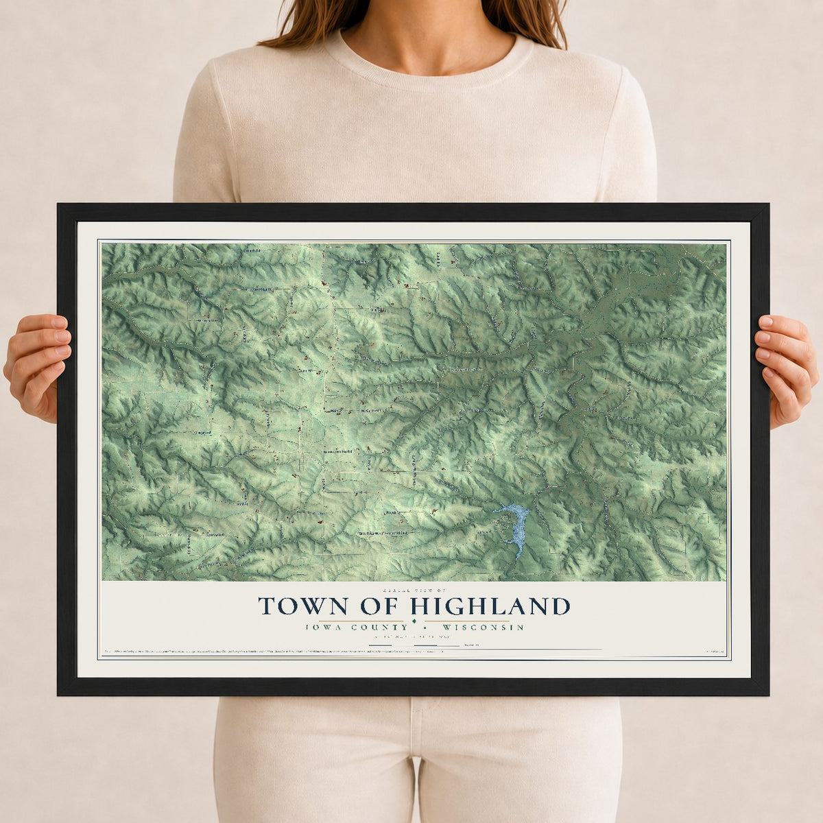 Map of the Town of Highland, Iowa County, Wisconsin, 12 x 18 inch print in a black wood frame