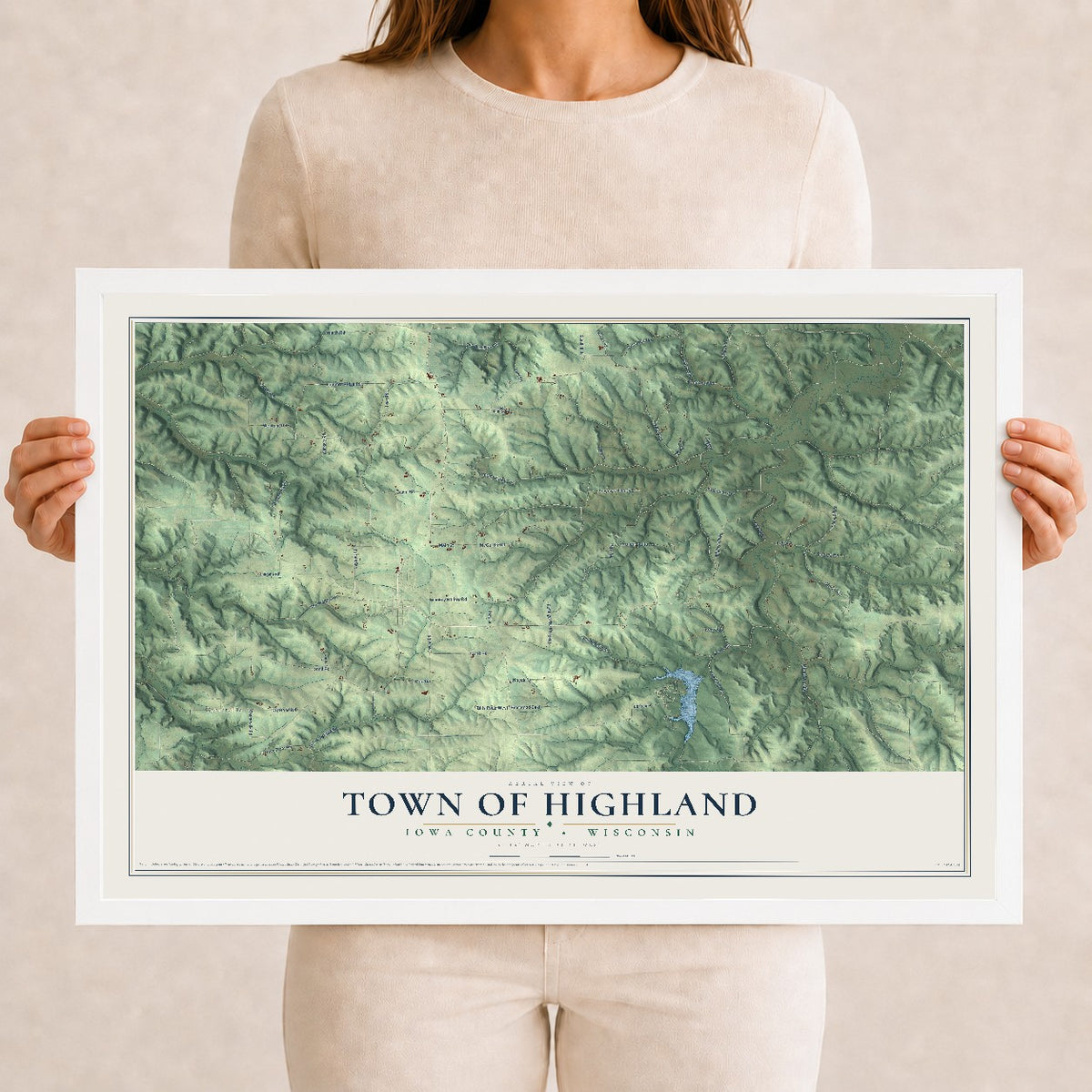 Map of the Town of Highland, Iowa County, Wisconsin, 12 x 18 inch print in a white wood frame