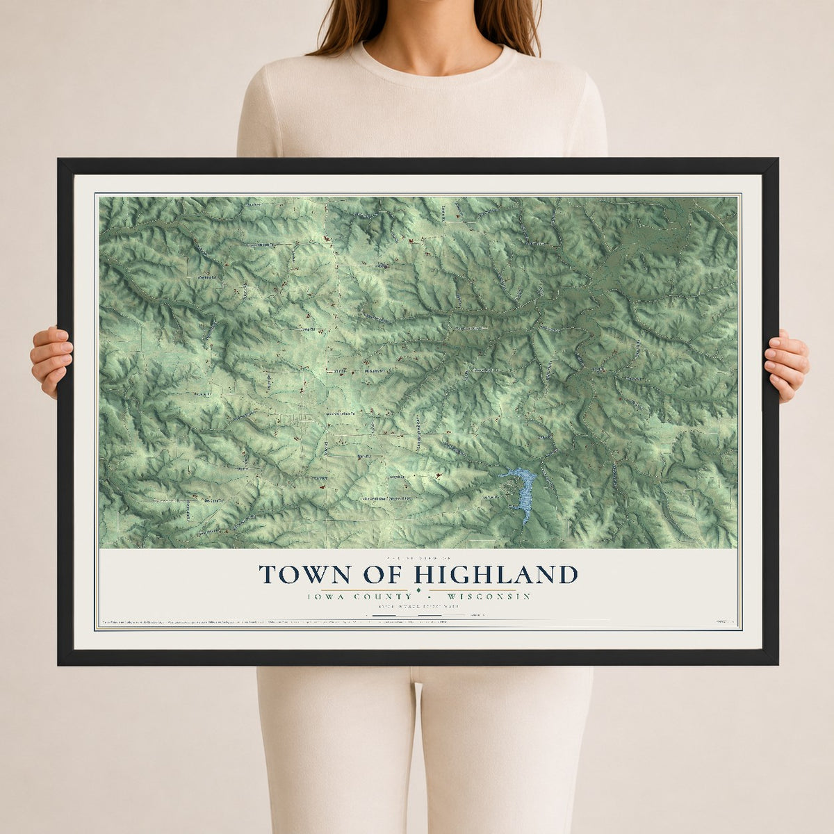 Map of the Town of Highland, Iowa County, Wisconsin, 24 x 36 inch print in a black wood frame