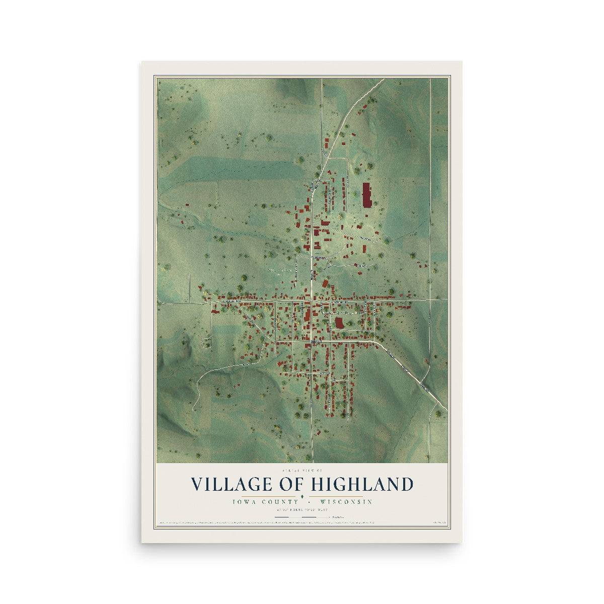 Map of Highland, Wisconsin, 12 x 18 inch unframed archival matte print