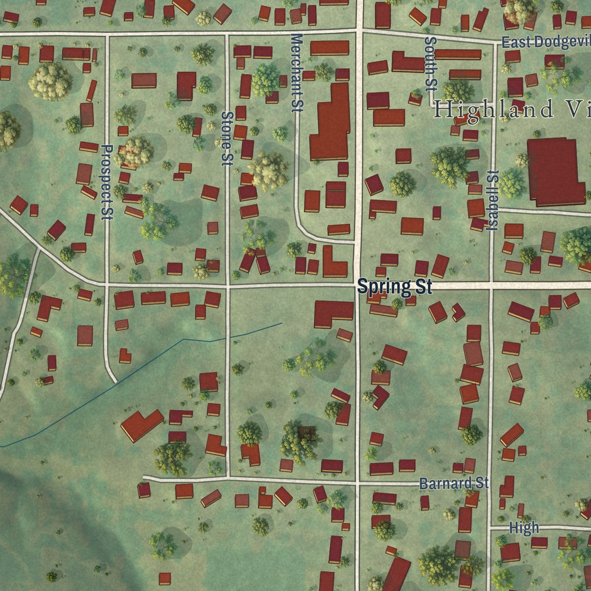 Close-up of the map of Highland, Wisconsin print showing street and building detail