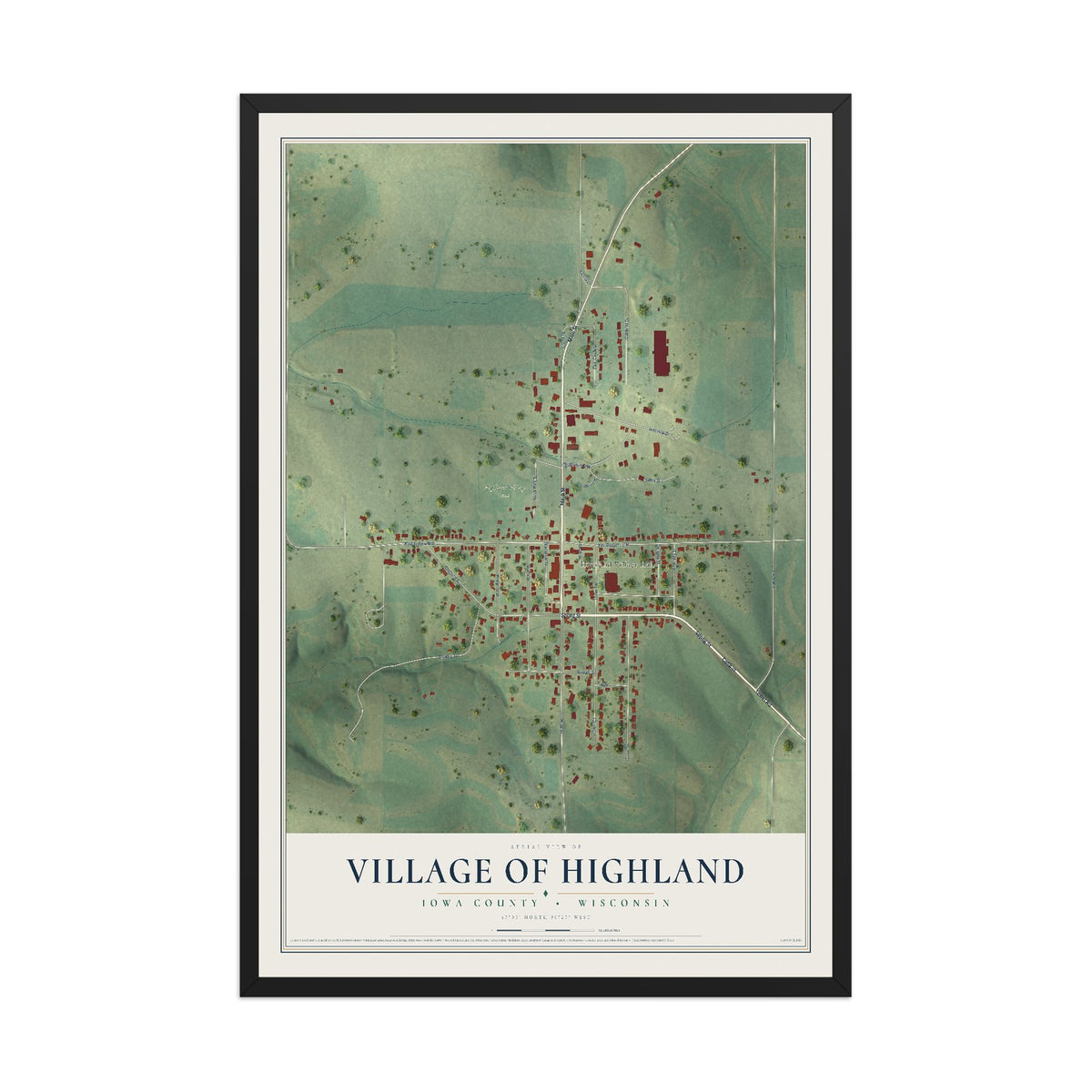 Map of Highland, Wisconsin, 12 x 18 inch print in a black wood frame