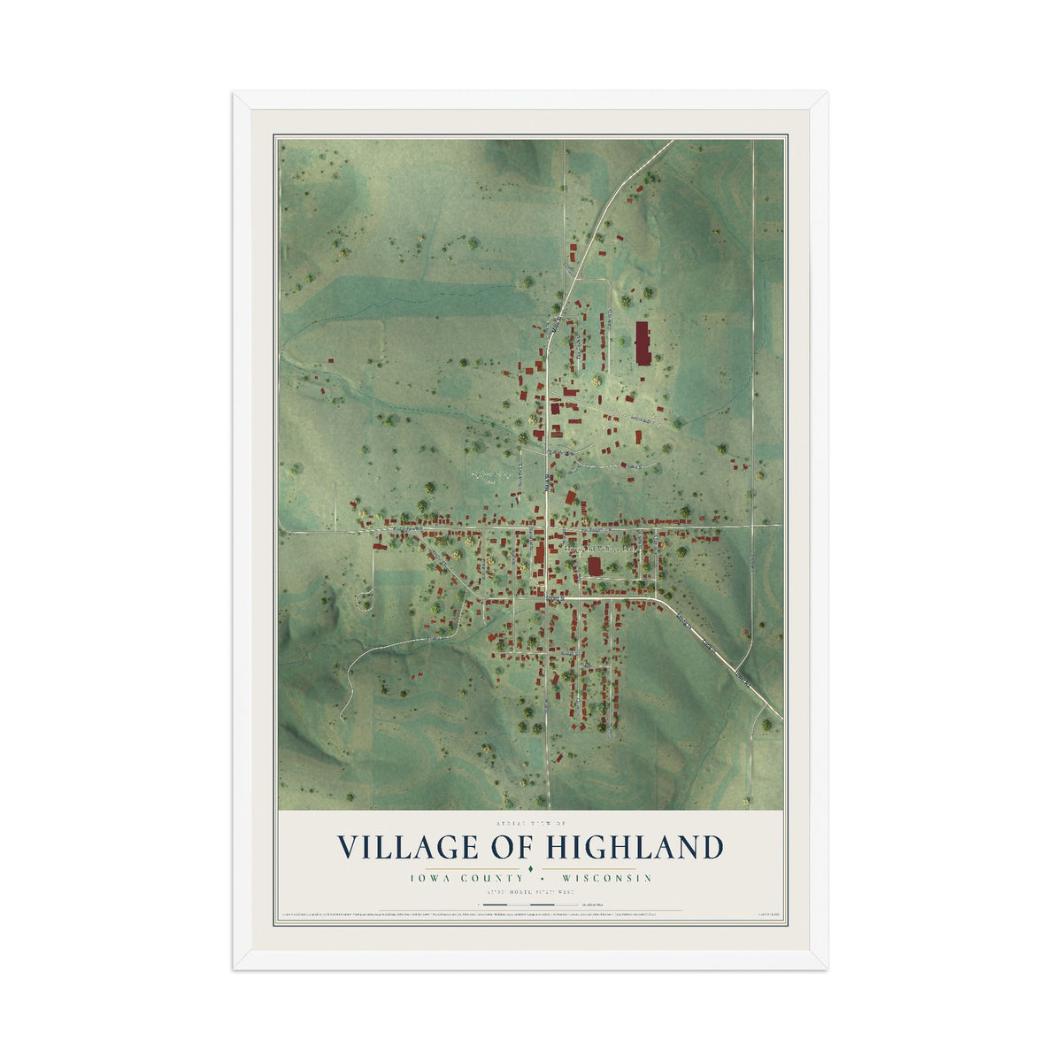 Map of Highland, Wisconsin, 12 x 18 inch print in a white wood frame