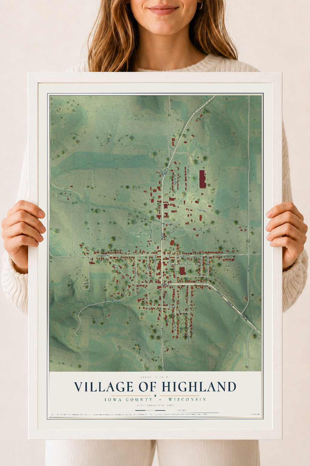 Map of Highland, Wisconsin, 18 x 24 inch print in a white wood frame