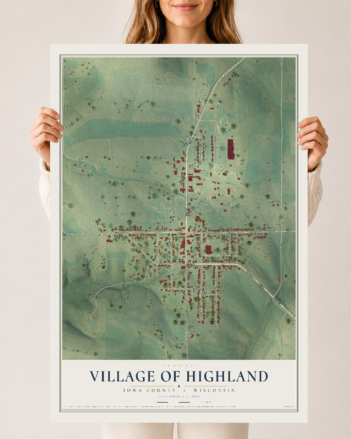 Map of Highland, Wisconsin, 24 x 36 inch unframed archival matte print