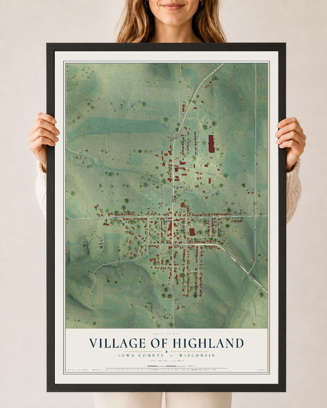 Map of Highland, Wisconsin, 24 x 36 inch print in a black wood frame