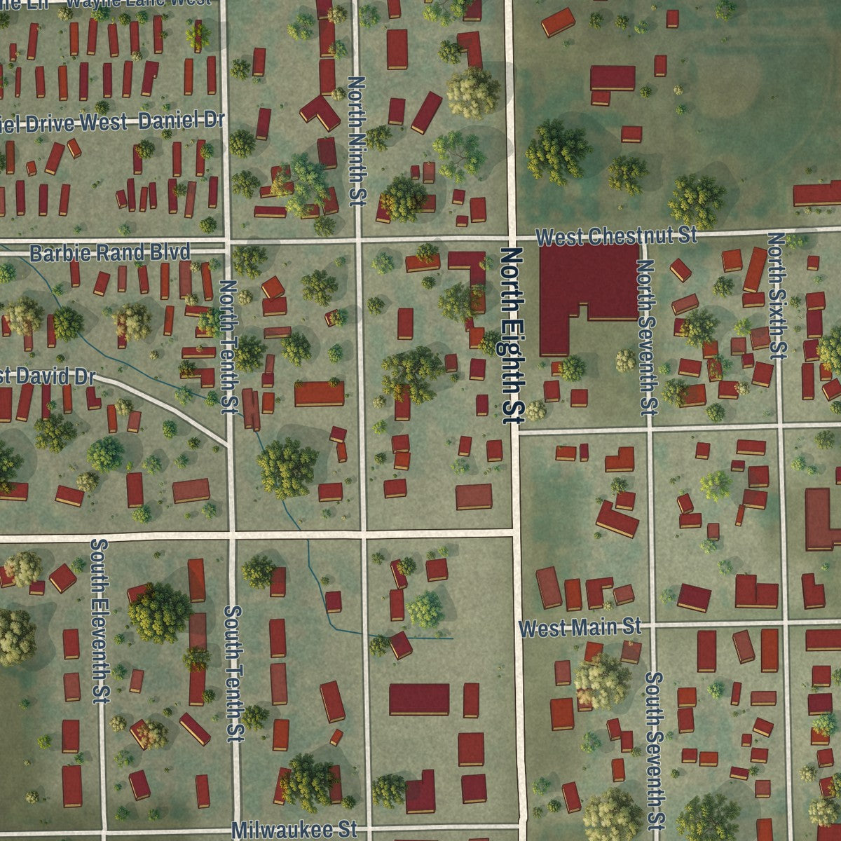 Close-up of the map of Hilbert, Wisconsin print showing street and building detail