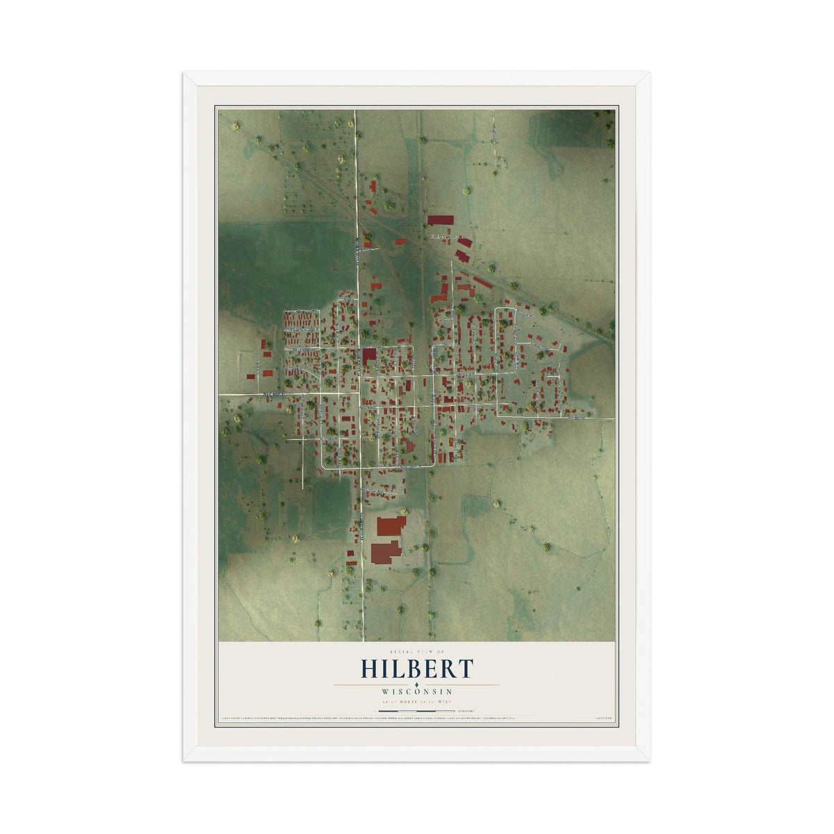 Map of Hilbert, Wisconsin, 12 x 18 inch print in a white wood frame