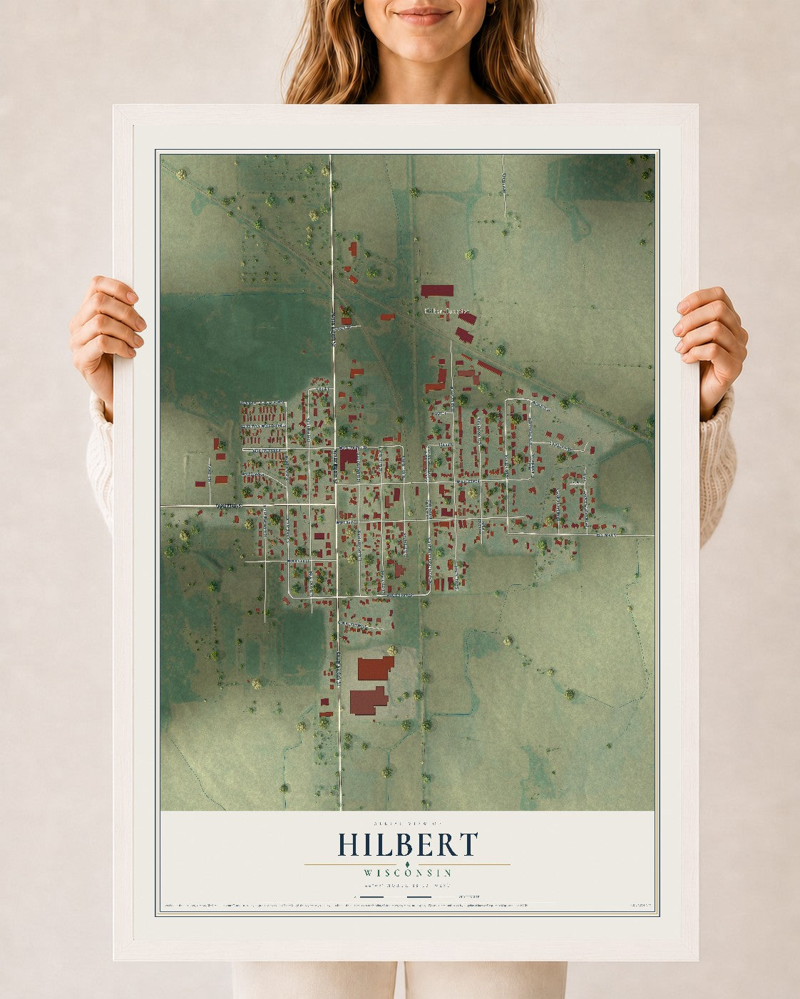 Map of Hilbert, Wisconsin, 24 x 36 inch print in a white wood frame