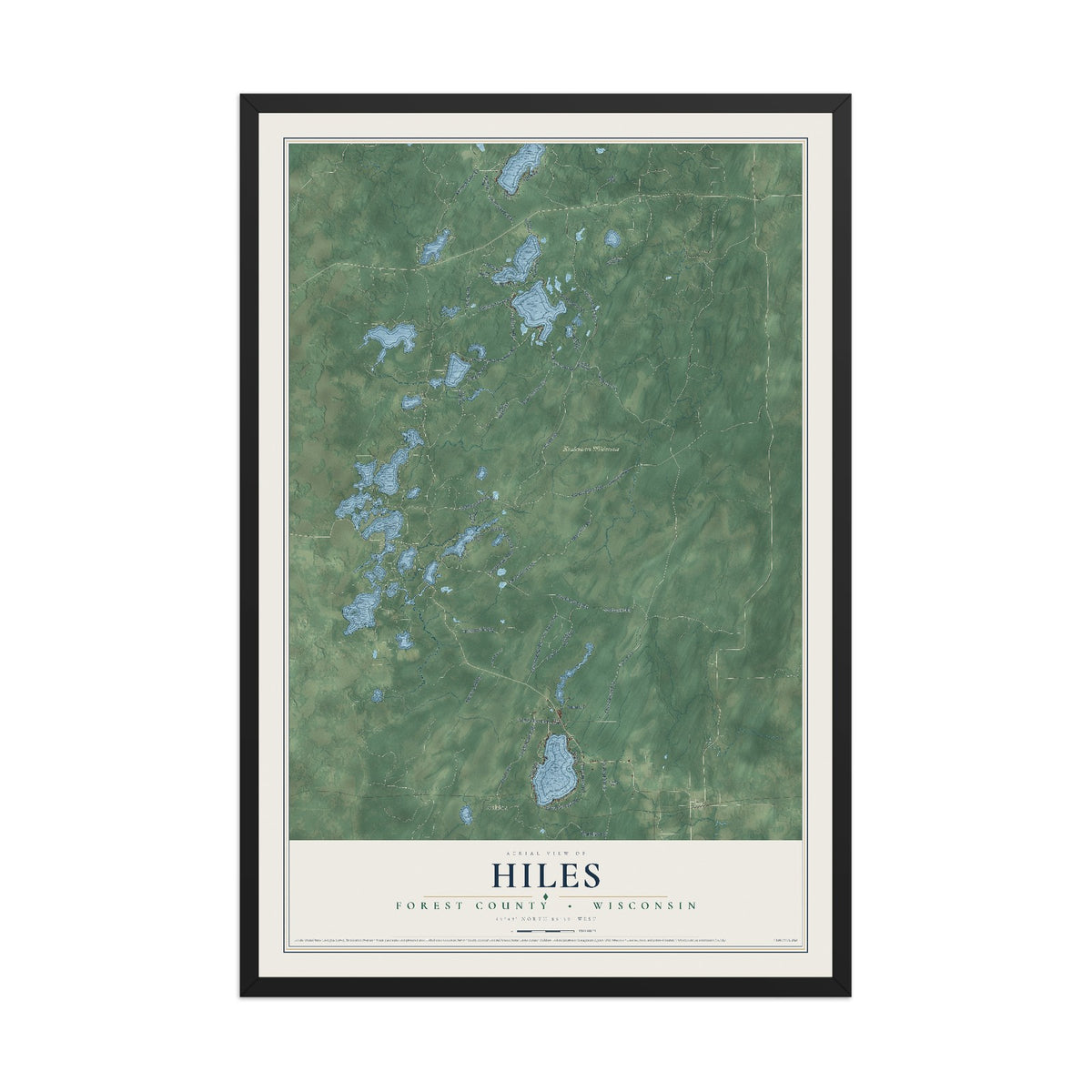 Map of Hiles, Forest County, Wisconsin, 12 x 18 inch print in a black wood frame