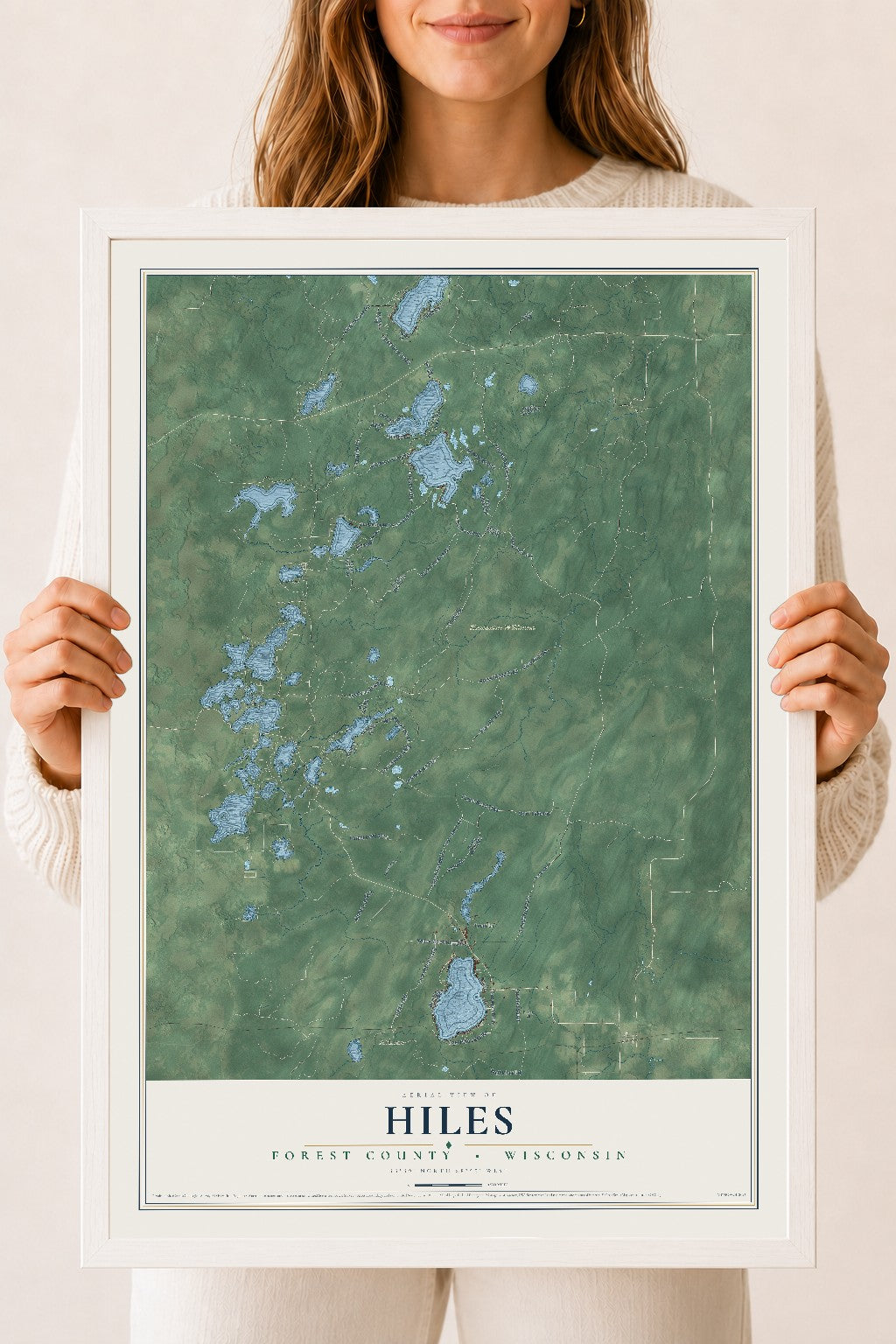 Map of Hiles, Forest County, Wisconsin, 18 x 24 inch print in a white wood frame