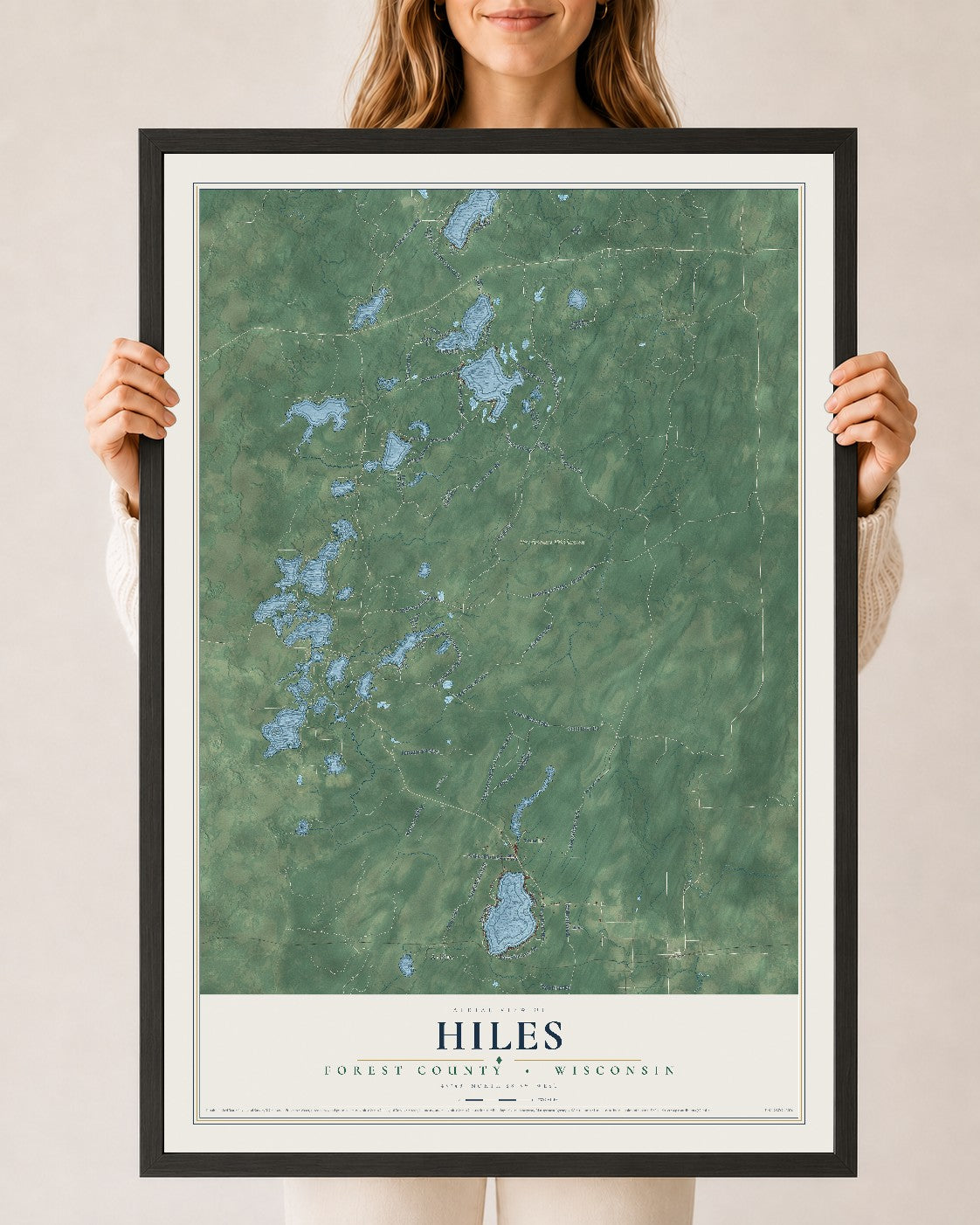 Map of Hiles, Forest County, Wisconsin, 24 x 36 inch print in a black wood frame