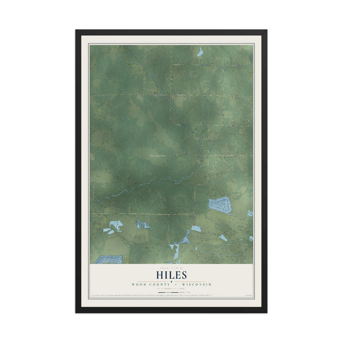 Map of Hiles, Wood County, Wisconsin, 12 x 18 inch print in a black wood frame