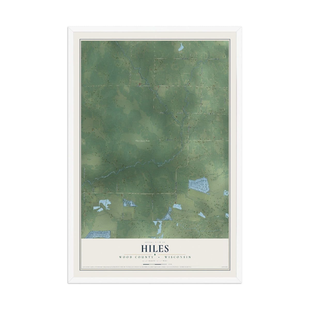 Map of Hiles, Wood County, Wisconsin, 12 x 18 inch print in a white wood frame
