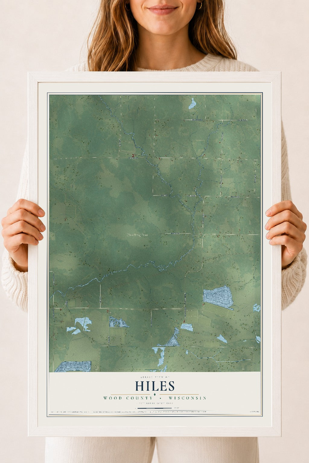 Map of Hiles, Wood County, Wisconsin, 18 x 24 inch print in a white wood frame