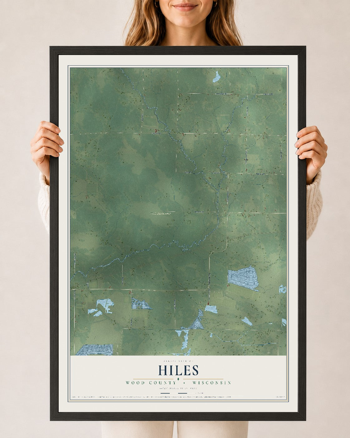 Map of Hiles, Wood County, Wisconsin, 24 x 36 inch print in a black wood frame