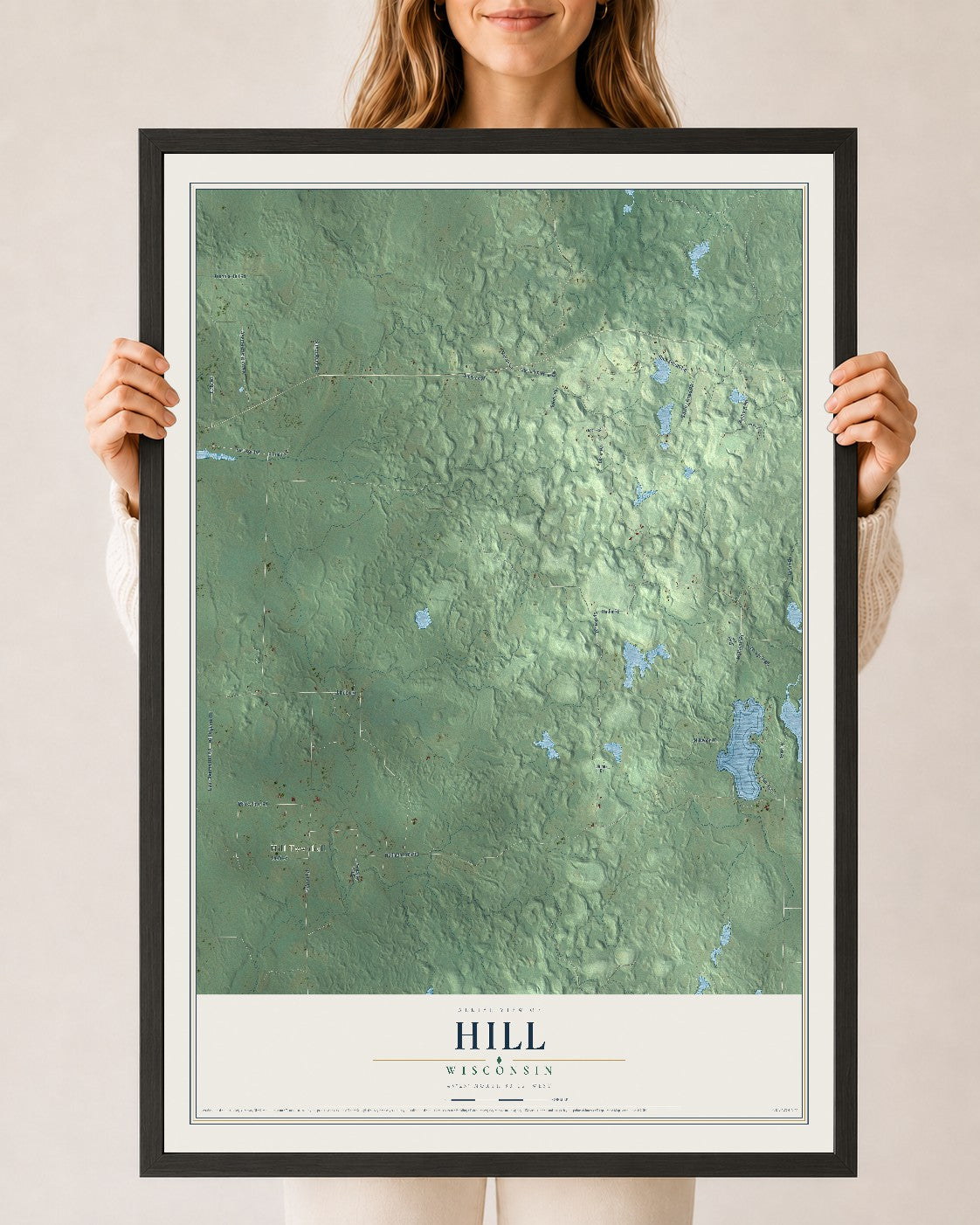 Map of Hill, Wisconsin, 24 x 36 inch print in a black wood frame