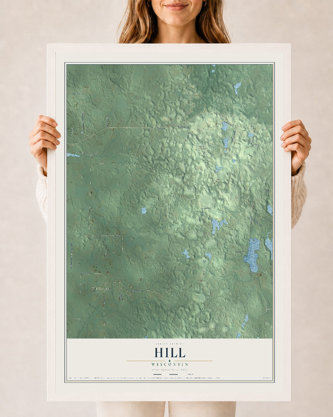 Map of Hill, Wisconsin, 24 x 36 inch print in a white wood frame