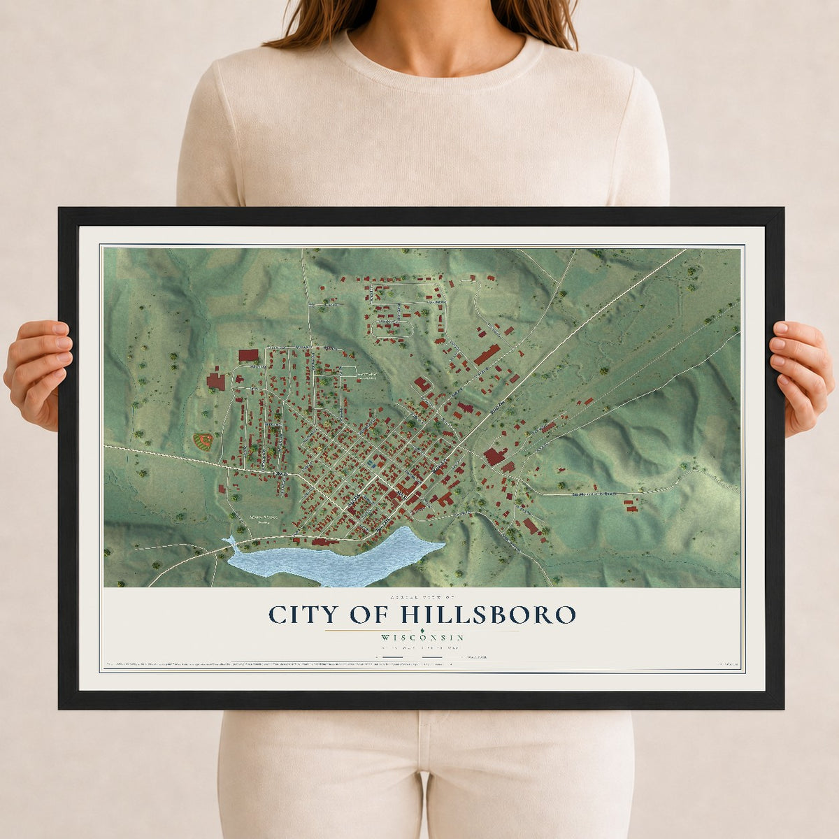 Map of Hillsboro, Wisconsin, 12 x 18 inch print in a black wood frame