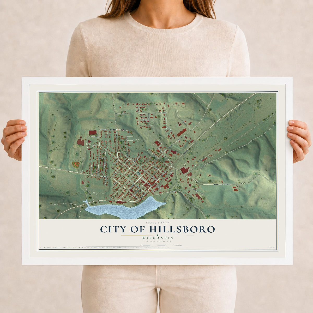 Map of Hillsboro, Wisconsin, 12 x 18 inch print in a white wood frame
