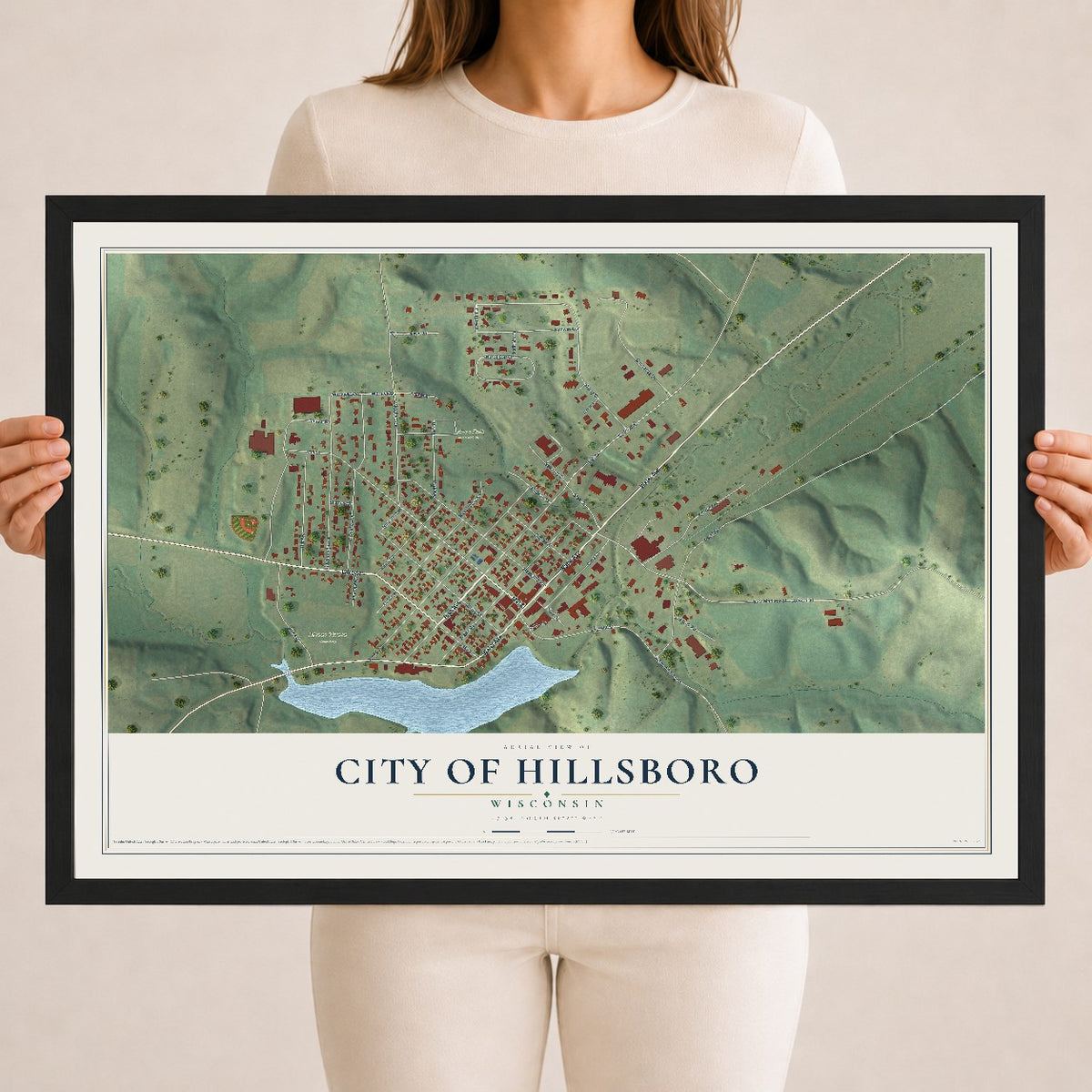 Map of Hillsboro, Wisconsin, 18 x 24 inch print in a black wood frame
