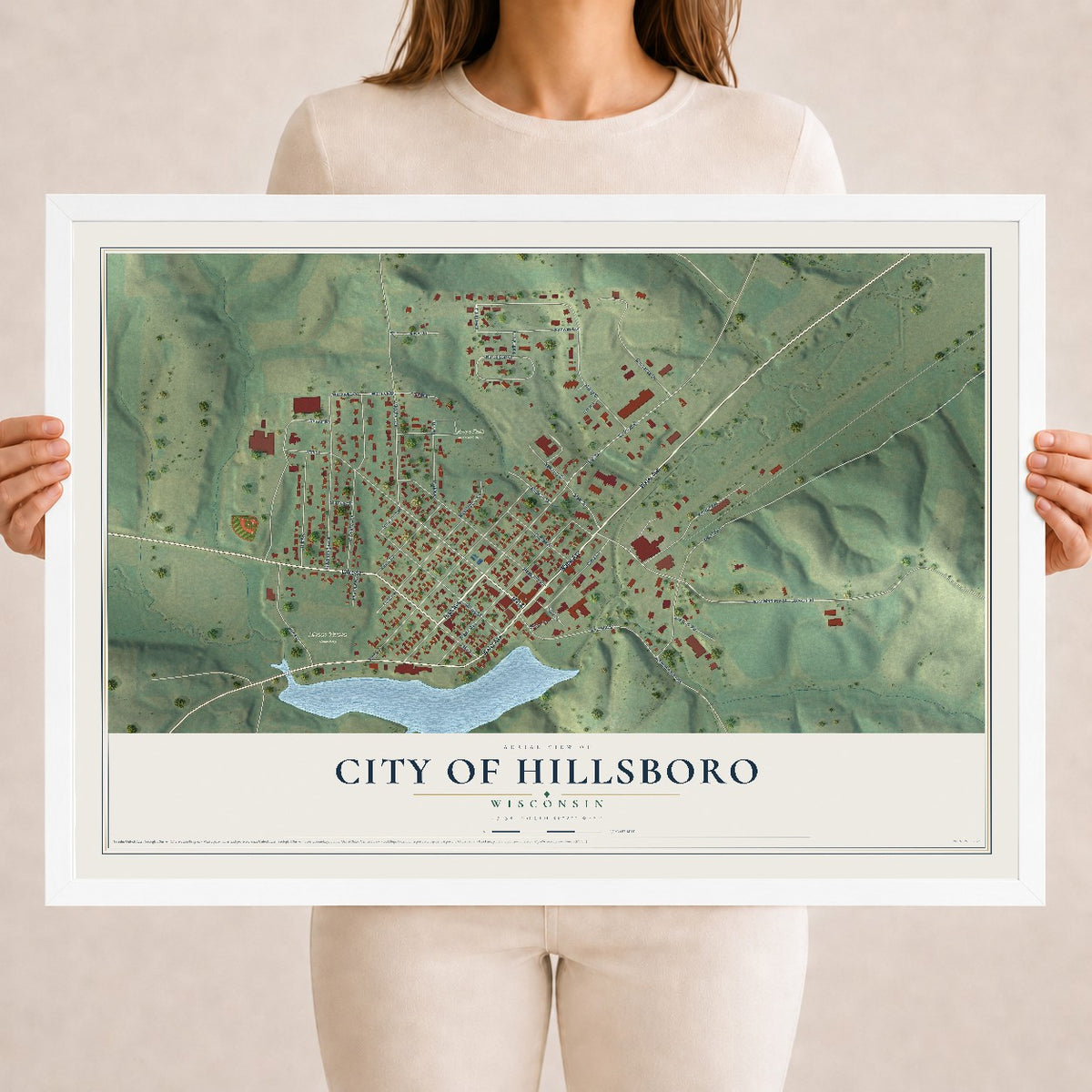 Map of Hillsboro, Wisconsin, 18 x 24 inch print in a white wood frame