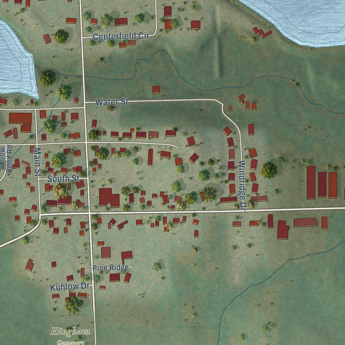 Close-up of the map of Hingham, Wisconsin print showing street and building detail