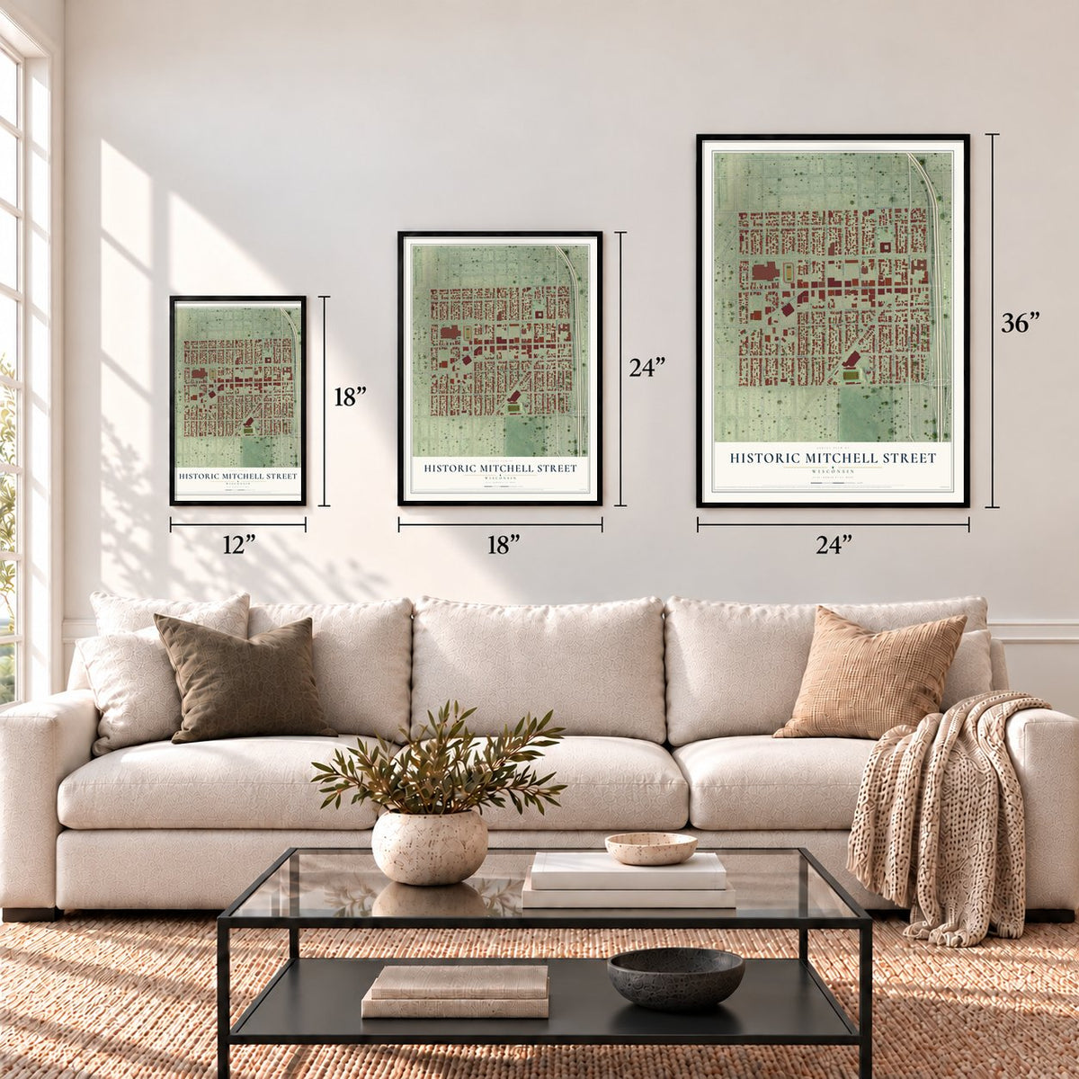Historic Mitchell Street, Wisconsin map in 12 x 18, 18 x 24 and 24 x 36 inch sizes above a sofa