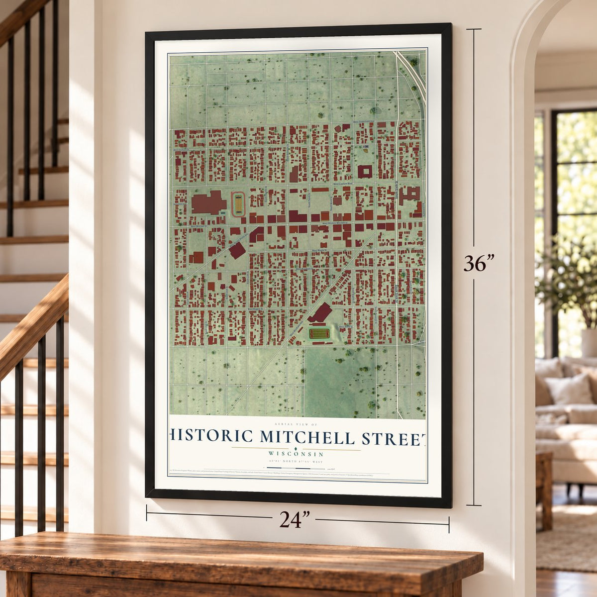 Historic Mitchell Street, Wisconsin map, 24 x 36 inch print in a black frame by a staircase