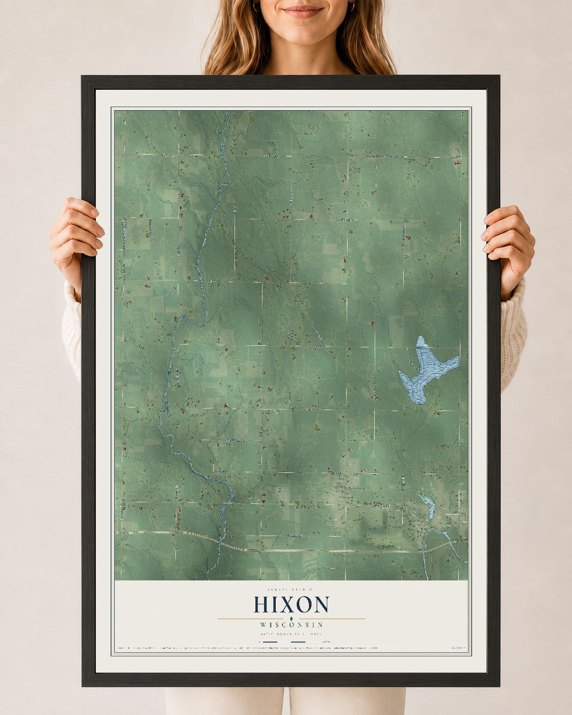 Map of Hixon, Wisconsin, 24 x 36 inch print in a black wood frame