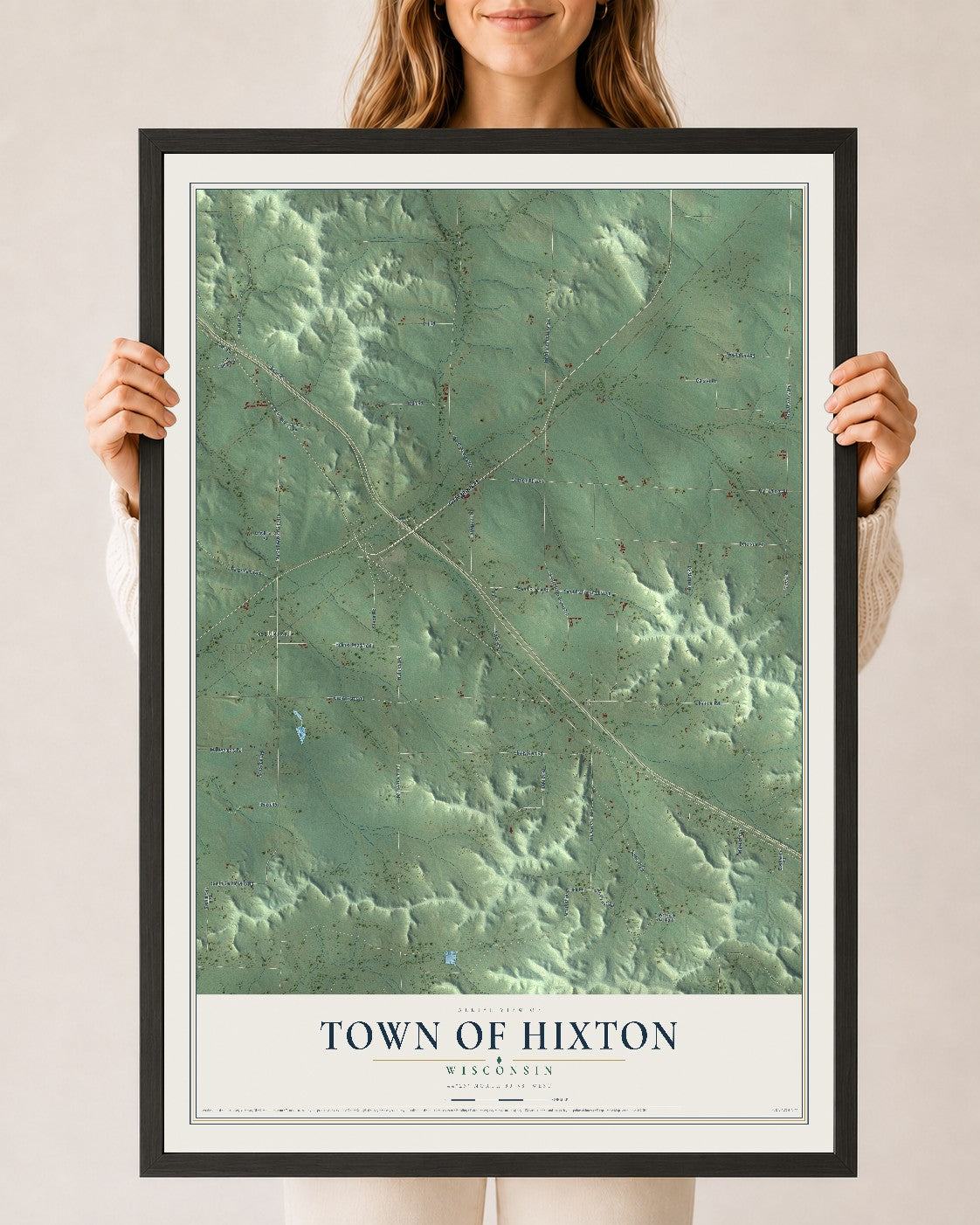 Map of the Town of Hixton, Wisconsin, 24 x 36 inch print in a black wood frame