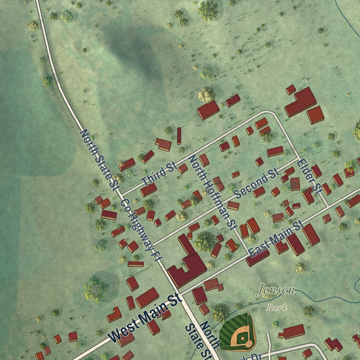 Close-up of the map of Hixton, Wisconsin print showing street and building detail